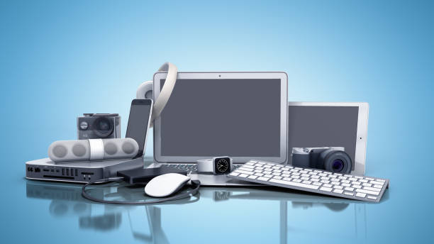 collection of consumer electronics 3D render on blue background stock photo