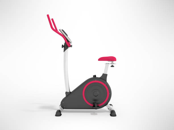 istock Modern exercise bike pink on the left 3d render on a gray background 866073022