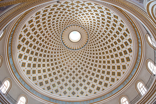 MOSTA, MALTA - AUGUST 21, 2017: The dome of the Rotunda of Mosta (Church of the Assumption of Our Lady) is the third largest unsupported dome in the World and was built between 1833 and 1860