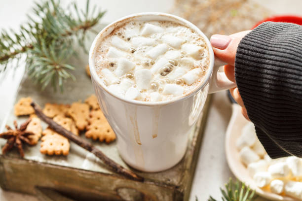 istock Hot Christmas cocoa in a white mug with marshmallow 866087950