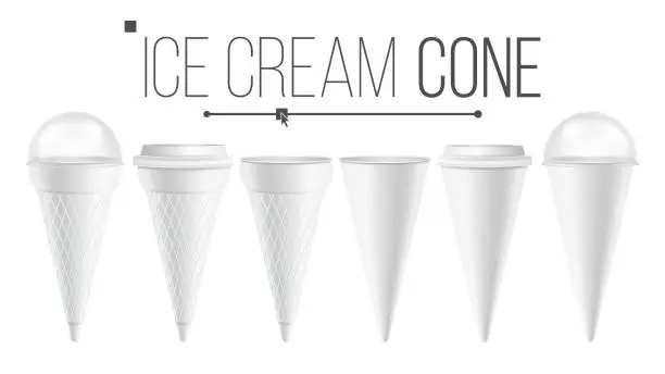 Vector illustration of White Ice Cream Cone Mock Up Set Vector. For Ice Cream, Sour Cream. Different Food Bucket Cone Container. White Empty Blank. Isolated Illustration