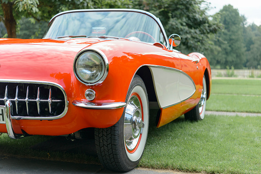 1950s Chevrolet Corvette C1 classic sports car on display during the 2016 Classic Days event at Schloss Dyck. The C1  Chevrolet Corvette is the first generation of the Corvette sports cars produced by Chevrolet. It was first introduced late in the 1953 model year, and produced through 1962. The car is on display during the 2016 Classic Days event at Schloss Dyck.