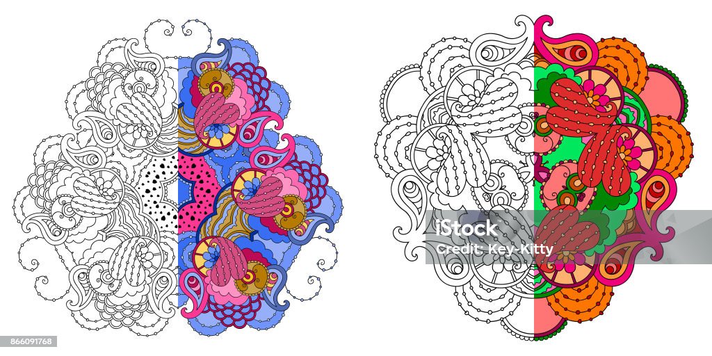 Set of four decorative monochrome and color mandalas. Vector template mandalas for decorating greeting cards, coloring books, art therapy, anti stress, print for t-shirt and textile. Abstract stock vector