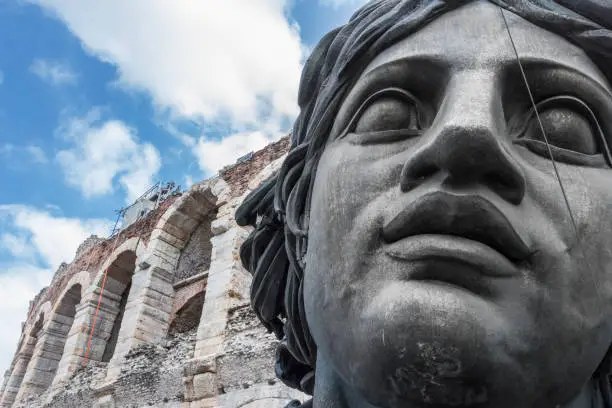 Verona (Veneto, Italy), Arena: Statue for Verdi’s Nabucco opera.