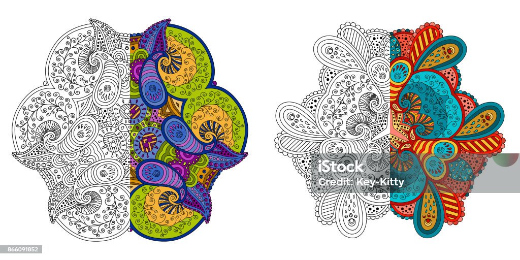 Set of four decorative monochrome and color mandalas. Vector template mandalas for decorating greeting cards, coloring books, art therapy, anti stress, print for t-shirt and textile. Abstract stock vector