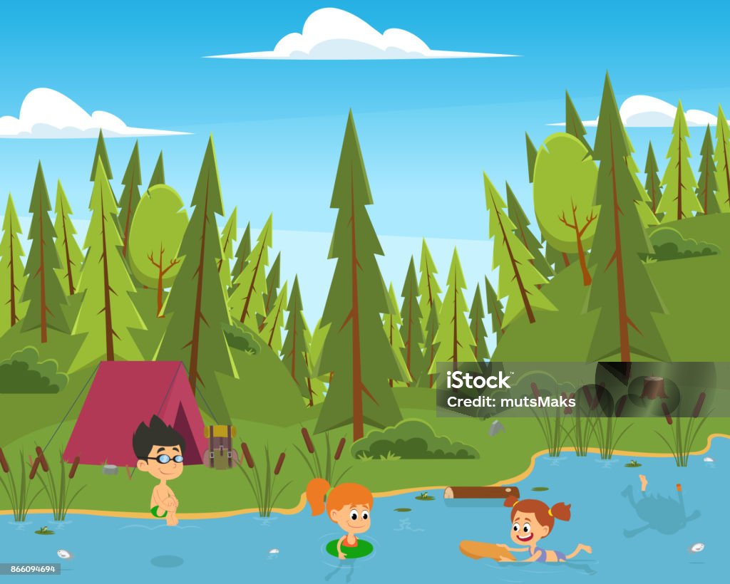 boys and girls swimming in the river. children in a summer camp with tents in the woods next to the river. boys and girls swimming in the river. vector Swimming stock vector