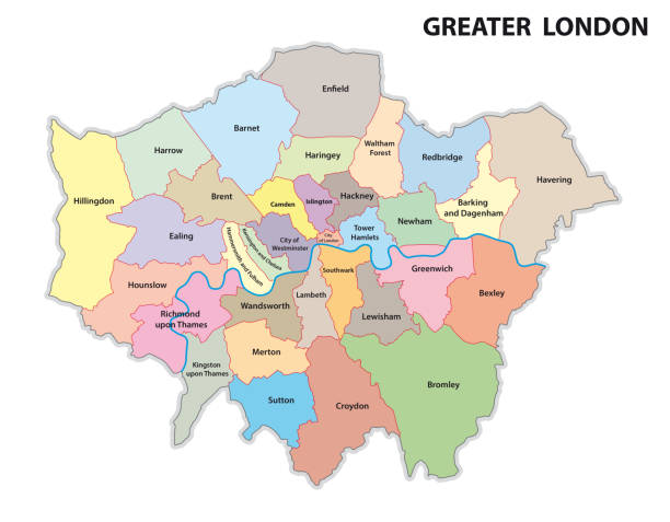 ilustrações de stock, clip art, desenhos animados e ícones de greater london road and administrative map - tower london england greater london inner london