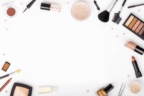 istock set of professional decorative cosmetics, makeup tools and accessory on white background with copy space for text. beauty, fashion, party and shopping concept. flat lay frame composition, top view 866096236