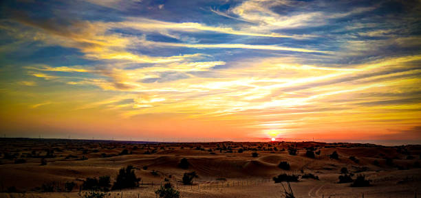 Sunset panorama landscape at arabian desert, Dubai, UAE