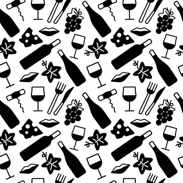 бесшовный узор с вином и иконками еды. - wine bottle fork wine cork stock illustrations