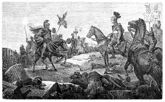 Illustration of a SECOND PUNIC WAR : the Roman general and statesman Publius Cornelius Scipio Africanus meets the Carthaginian leader Hannibal (bearded, on left) before defeating him at the Battle of Zama