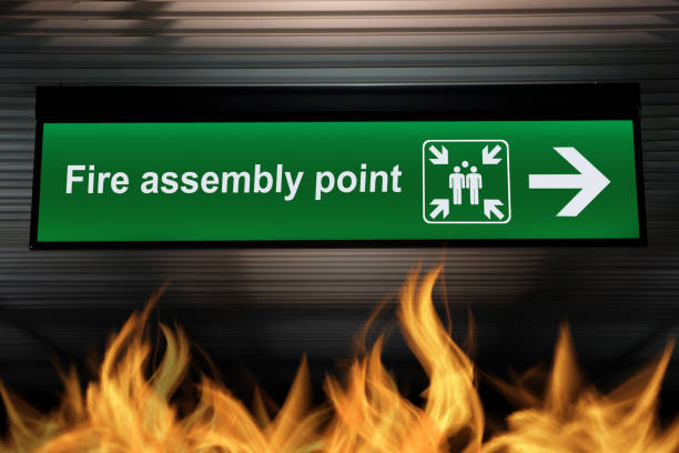 istock green fire assembly point sign hanging from ceiling with fire flames are burning on the ground below. security based quality awareness concept 866096770