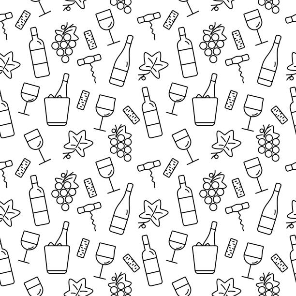 ilustrações, clipart, desenhos animados e ícones de padrão sem emenda com ícones de vinho. - wine glass appetizer bottle