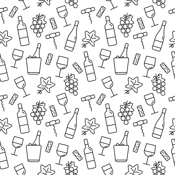 бесшовный узор с винными иконками. - wine glass appetizer bottle stock illustrations