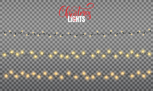 świąteczne lampki. realistyczne elementy projektu dekoracji dla xmas. trzy rodzaje świecących świateł na ferie zimowe. błyszczące girlandy na boże narodzenie i nowy rok - christmas lights stock illustrations