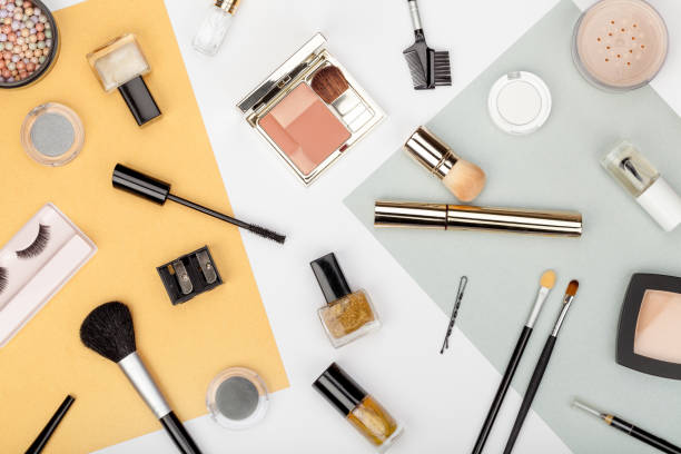 istock set of professional decorative cosmetics, makeup tools and accessory on white background. beauty, fashion, party and shopping concept. trendy flat lay composition, top view 866100318