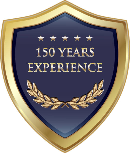 One Hundred Fifty Years Experience Gold Shield One hundred fifty years experience gold shield with five stars. 150th anniversary stock illustrations