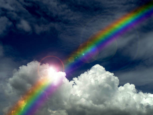 istock sunlight shining on dark cloud and rainbow after rain fall 866100692