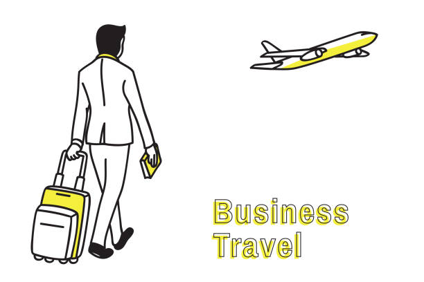 illustrations, cliparts, dessins animés et icônes de voyageurs d’affaires en tirant la valise à l’aéroport - femme voyage avion