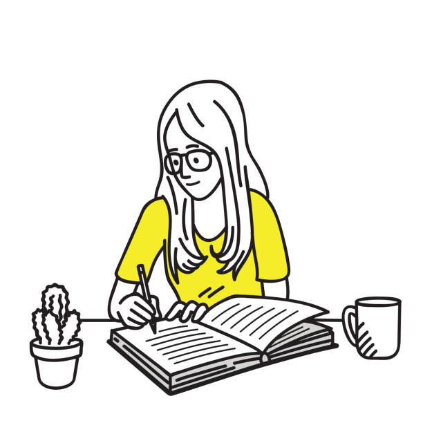 diarygirl Happy and smiling pretty young girl with glasses, writing diary on her working desk. Vector illustration character, cartoon, outline, thin art line, linear, hand drawn sketch design, simple style. pencil art cartoons stock illustrations