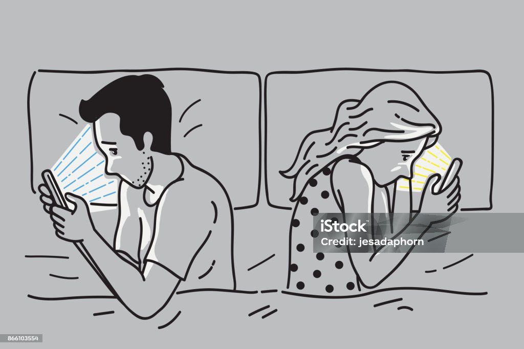 Smartphone addiction on bed Vector illustration of conflict marriage couple lying back to back, using smartphone, social network, smartphone addiction, concept of couple relationship problem with technology. Bed - Furniture stock vector