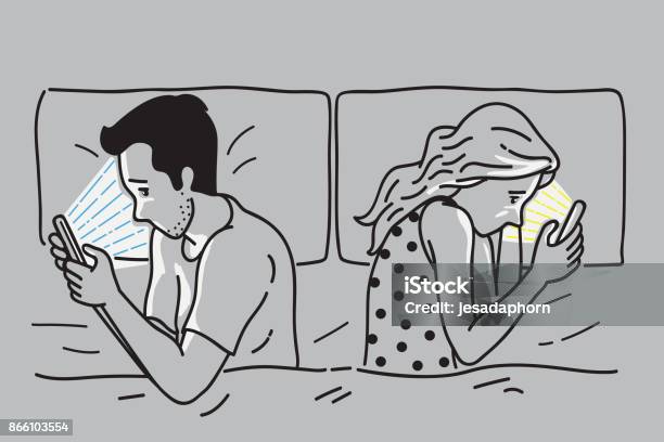 Smartphone Addiction On Bed Stock Illustration - Download Image Now - Bed - Furniture, Addiction, Men