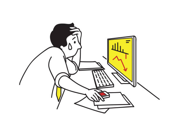 biznesmen przygnębiony z wykresem spadającym - computer monitor computer graph people stock illustrations