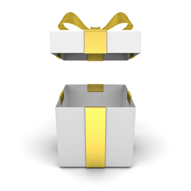 istock Open gift box , present box with lid and golden ribbon bow isolated on white background with shadow . 3D rendering 866103966