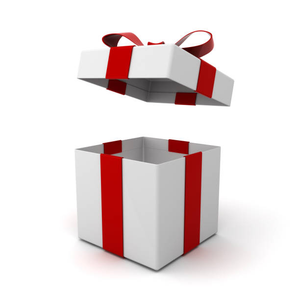 istock Open gift box , present box with lid and red ribbon bow isolated on white background with shadow . 3D rendering 866103974