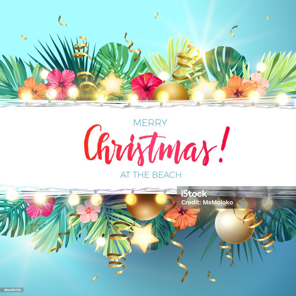 Christmas on the summer beach design with monstera palm leaves, hibiscus flowers, xmas balls and gold glowing stars, vector illustration Christmas on the summer beach design with monstera palm leaves, hibiscus flowers, xmas balls and gold glowing stars, vector illustration. Christmas stock vector