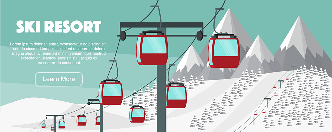 Ski resort, lift flat vector illustration. Alps, fir trees, mountains wide panoramic background. Aerial ropeways, hills, winter web banner design.