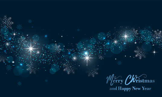 Merry Christmas and Happy New Year banner with stars, glitter and snowflakes. Vector illustration.