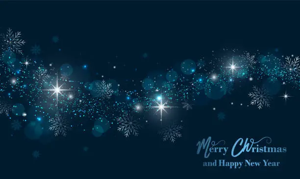 Vector illustration of Merry Christmas and Happy New Year banner with stars, glitter and snowflakes. Vector background.