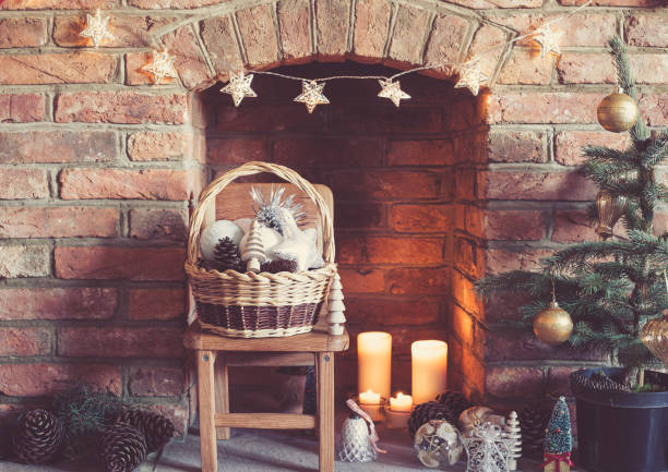 istock Christmas decorations in the in the basket on fireplace 866108156