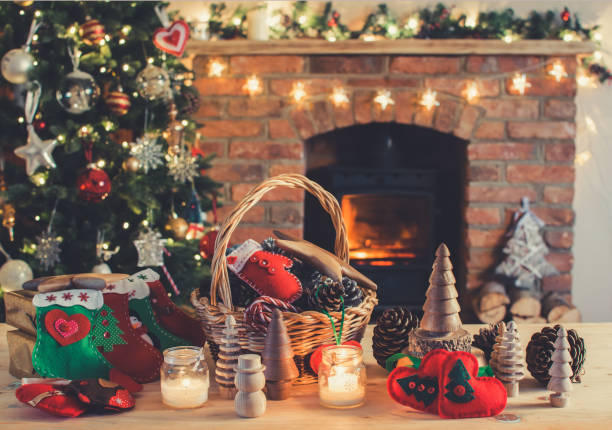 istock Diy Christmas, wooden toys, felt decorations, fireplace on back 866111342