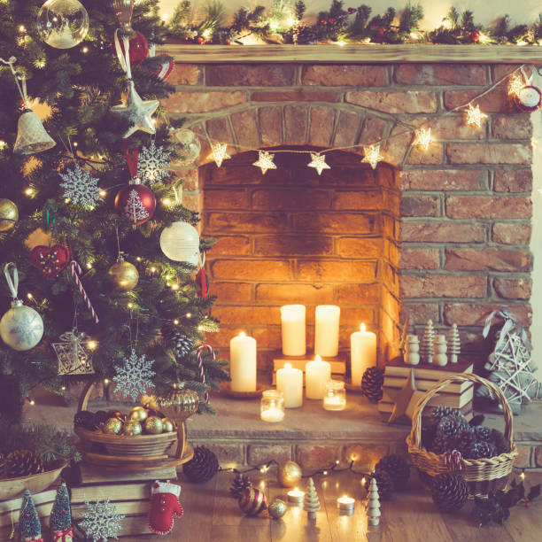 istock Christmas tree, fireplace, candles in the room 866111446