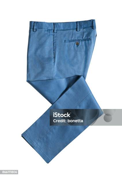 Blue Trousers Isolated On White Background Stock Photo - Download Image Now - Pants, Folded, Arts Culture and Entertainment