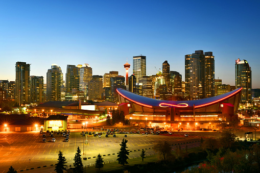 Beautiful Calgary city skyline from scotsman’s hill on a twilight time, Canada