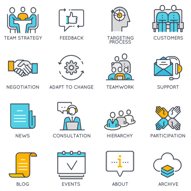 Vector linear icons related to business management and strategy Vector flat linear icons related to business management, strategy, career progress and business process. Flat pictograms and infographics design elements - part 2 resourceful stock illustrations