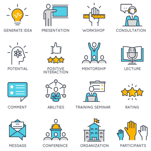 ilustraciones, imágenes clip art, dibujos animados e iconos de stock de iconos lineales vectores relacionados con la gestión empresarial, formación de empresarios - performance examining occupation discussion