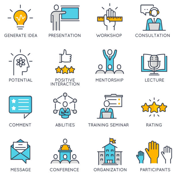 Vector linear icons related to corporate management, business people training Vector flat linear icons related to to career progress, corporate management, business people training and professional consulting service. Flat pictograms and infographics design elements resourceful stock illustrations
