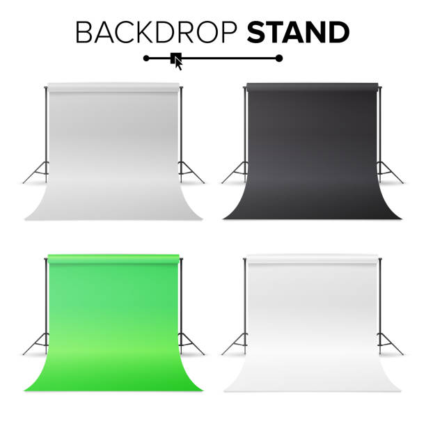 Photo Studio Hromakey Set Vector. Modern Photo Studio. Black, White, Green Backdrop Stand Tripods. Realistic 3D Template Mock Up. Isolated Illustration Photo Studio Hromakey Set Vector. Modern Photo Studio. Black, White, Green Backdrop Stand Tripods. Realistic 3D Template Mock Up. Isolated photo shoot stock illustrations