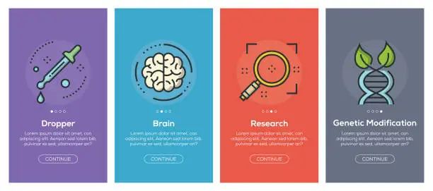 Vector illustration of Onboarding app screens and flat line science web icons for mobile apps