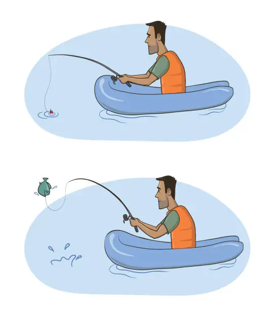 Vector illustration of Fisherman. A man with a fishing rod in an inflatable boat caught a fish. Vector Illustration, isolated on white.