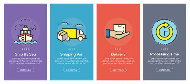 Vector illustration of Onboarding app screens and flat line delivery web icons for mobile apps