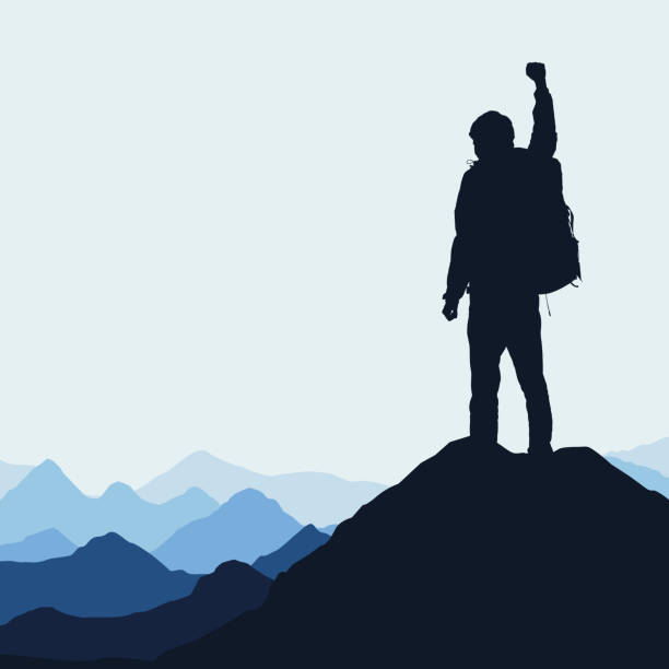 illustrations, cliparts, dessins animés et icônes de illustration vectorielle d’un paysage de montagne avec une silhouette réaliste d’un alpiniste au sommet d’un rocher avec un geste gagnant sous un ciel bleu - climbing rock climbing rock mountain climbing