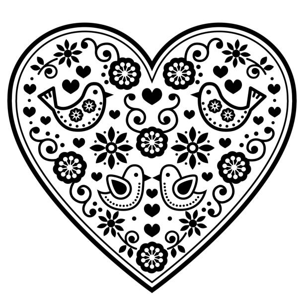 skandinavischen folk herz schwarzen vektormuster mit blumen und vögel - valentinstag, hochzeit, geburtstag grußkarte - symmetry happiness symbol wedding stock-grafiken, -clipart, -cartoons und -symbole