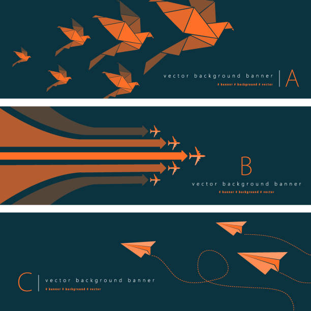 Abstract background banner set Vector of paper airplane, origami paper birds and airplane with green and orange color pattern background banner set. EPS Ai 10 file format. travel backgrounds stock illustrations