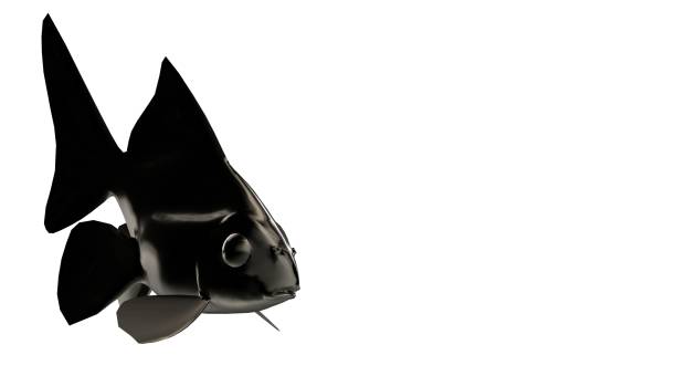 3d rendering of a reflective fish shape swimming with fins