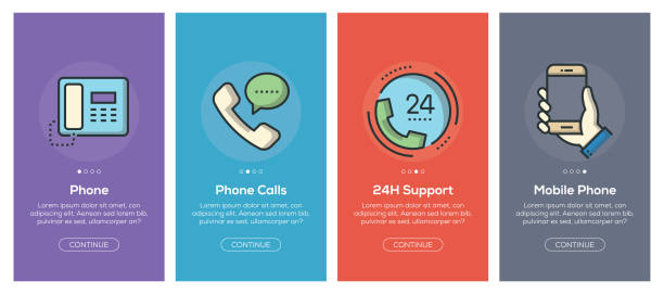 ekrany aplikacji dołączania i ikony internetowe komunikacji płaskiej dla aplikacji mobilnych - telephone dialing human hand office stock illustrations